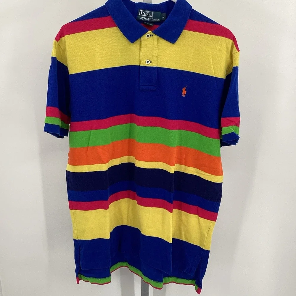 Mens Polo Ralph Lauren Short Sleeve Multi Colored Striped Golf‎ Polo- Large